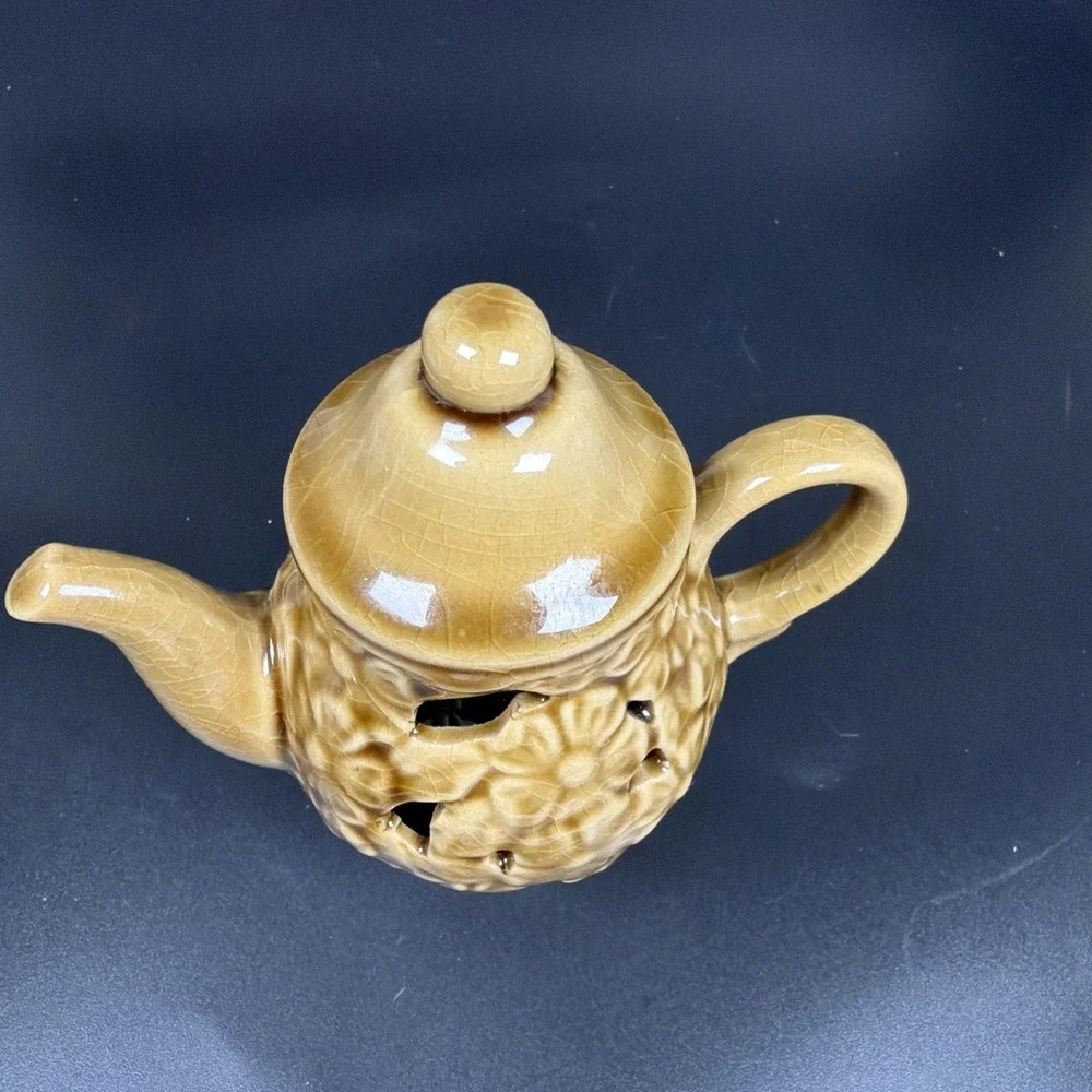 VTG Kitchen Night Light Porcelain Tea Pot Brown Floral Gold Trim Grandma Cottage